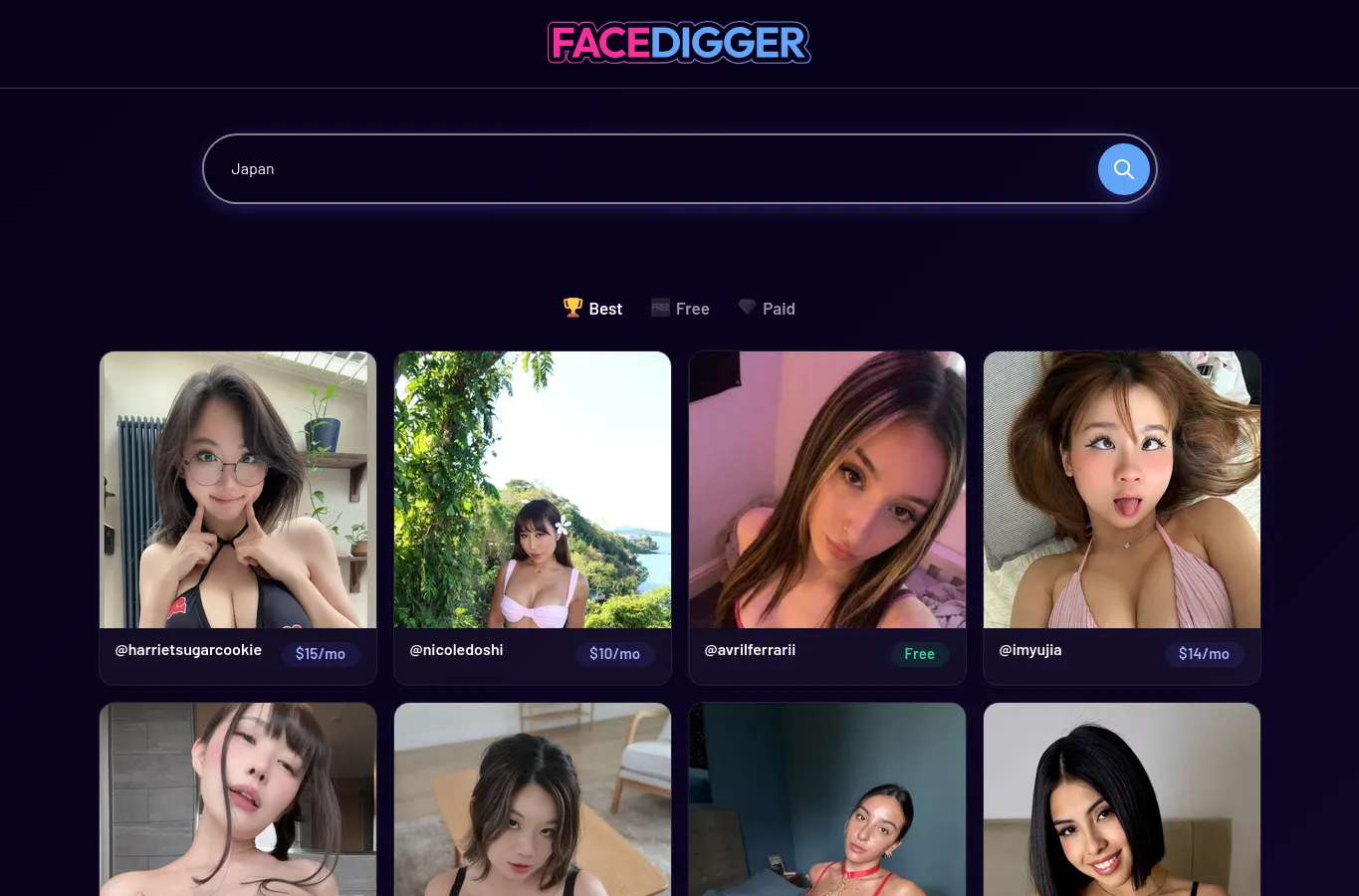 FaceDiggerのJapan関連の結果画面。写真付きのプロフィールカードと検索・選択UIが表示されている