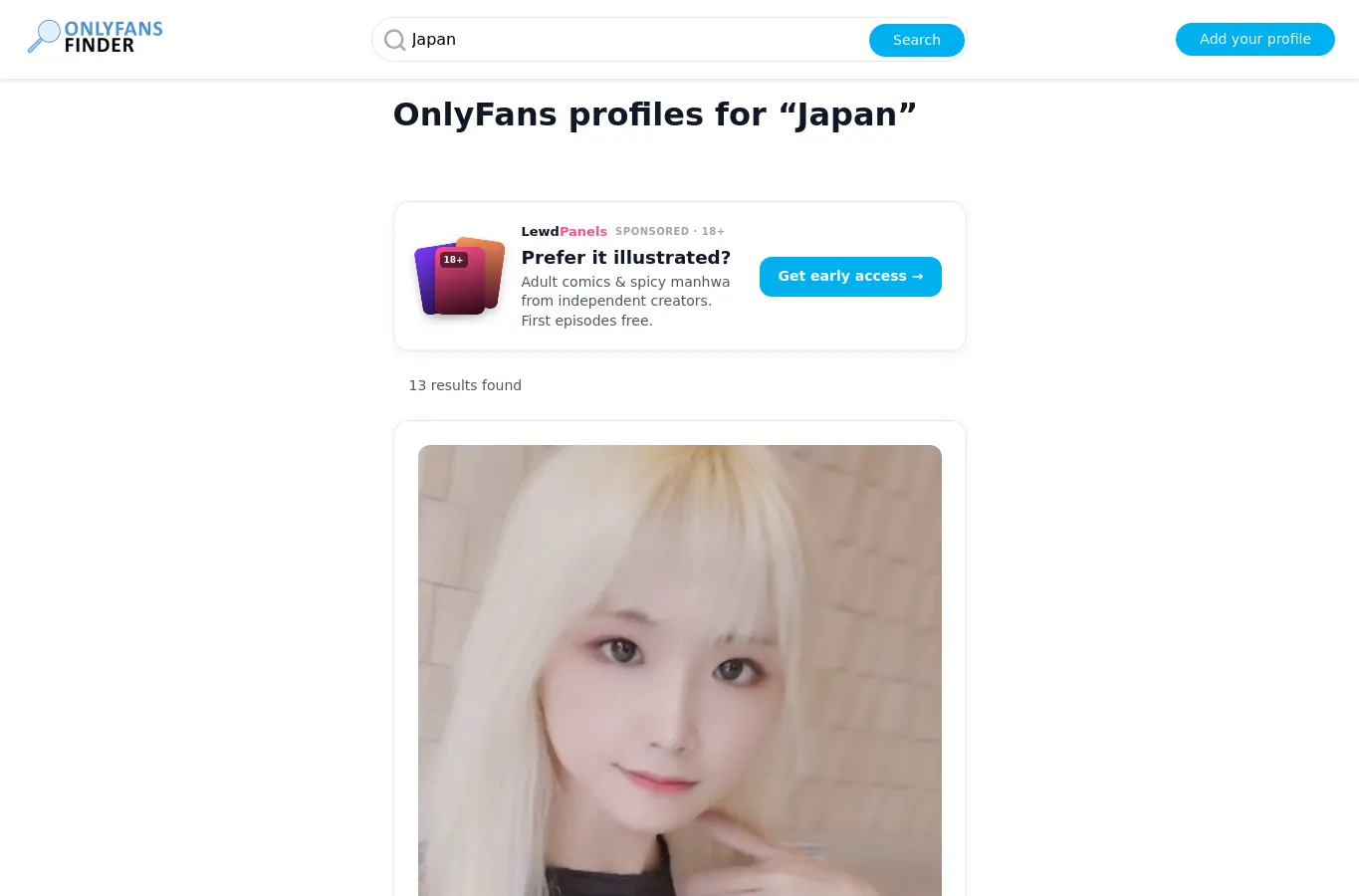 OnlyFans FinderのJapan関連の結果画面。写真付きのプロフィールカードと検索・選択UIが表示されている